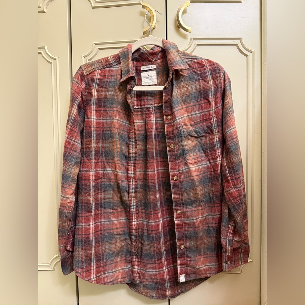 American Eagle Outfitters Women’s Casual Plaid Flannel Shirt - Orange/Gray Small